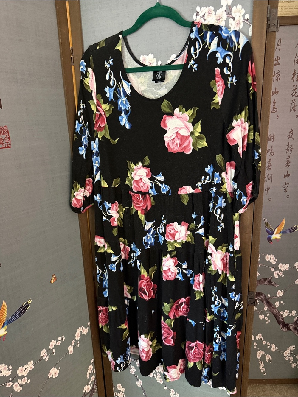 Agnes & Dora Black Midi Dress with Pink Rose and Blue Floral Print